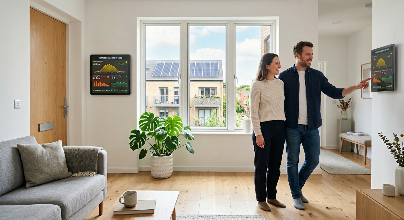 Mieter nutzen Smart-Home-Energiedisplay mit Echtzeit-Daten zu Solarstrom und Wärmeverbrauch
